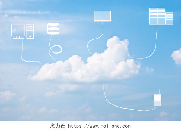 蓝蓝的天空下的多个设备和云计算概念互联网云